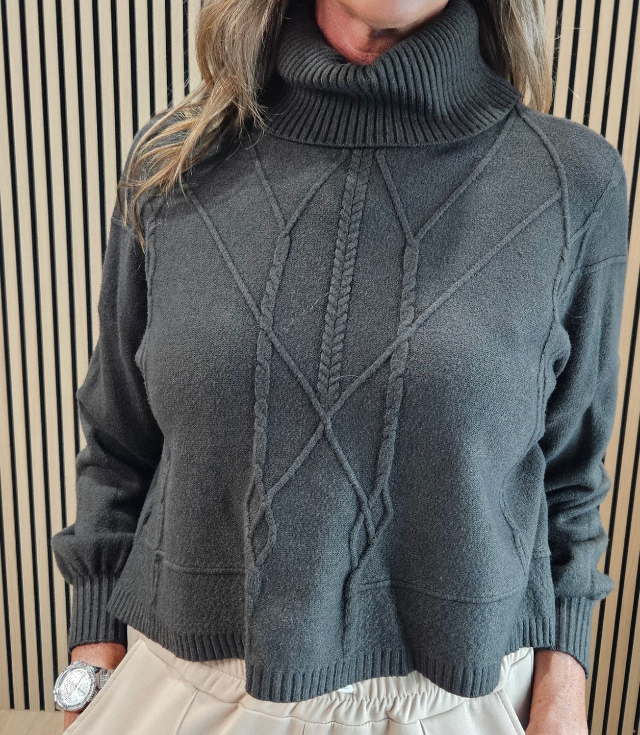 Textured Cable Detail Roll-Neck Jumper- Khaki