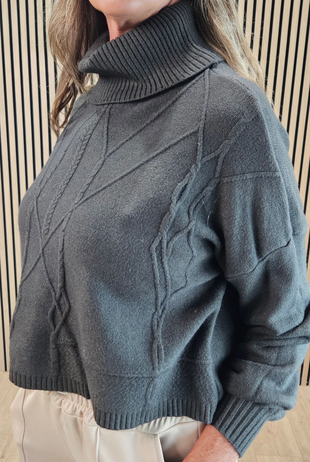 Textured Cable Detail Roll-Neck Jumper- Khaki