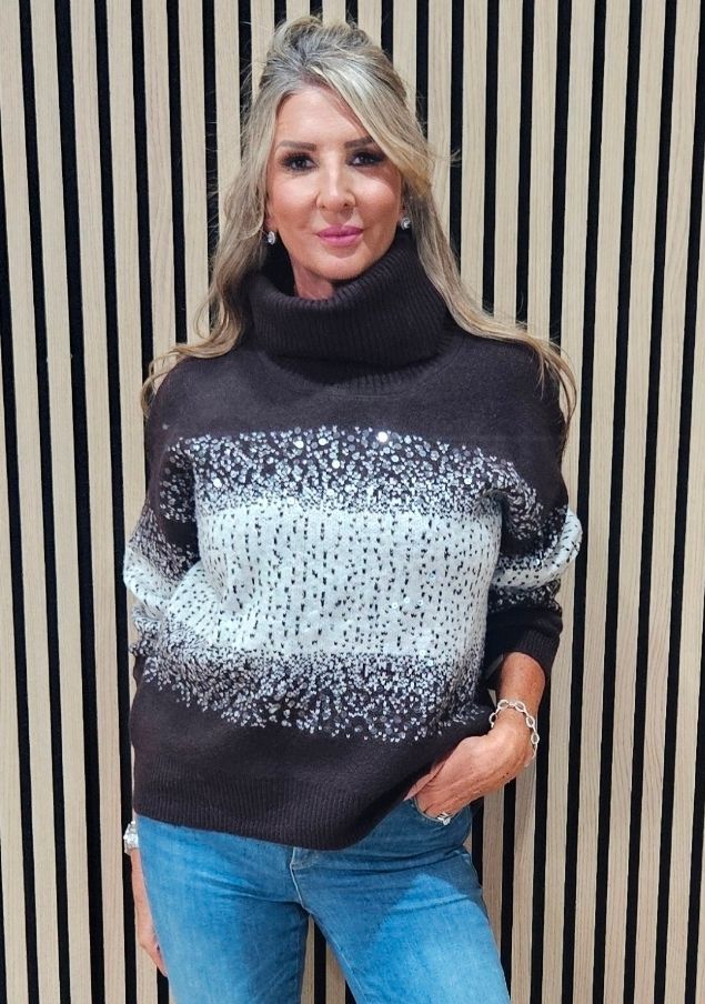 Sequin Detail Roll-Neck Jumper – Chocolate