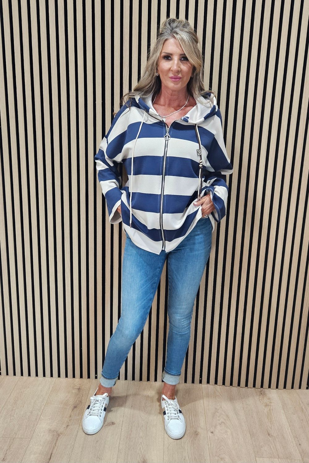 Wide Stripe Hooded Zip-Up Jacket – Navy/Cream