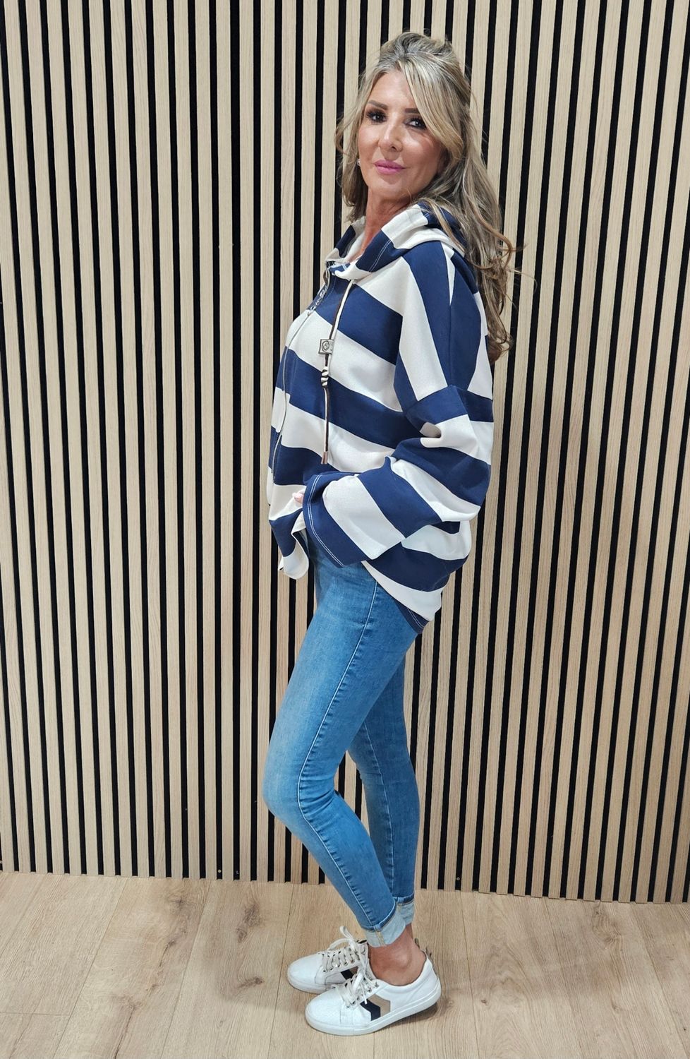 Wide Stripe Hooded Zip-Up Jacket – Navy/Cream