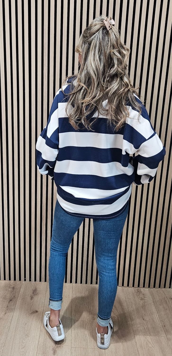 Wide Stripe Hooded Zip-Up Jacket – Navy/Cream