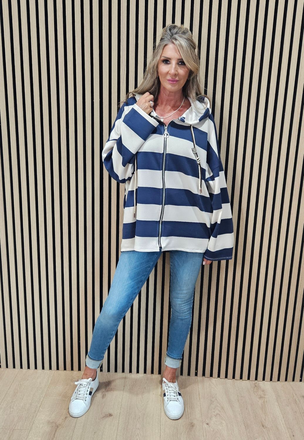 Wide Stripe Hooded Zip-Up Jacket – Navy/Cream