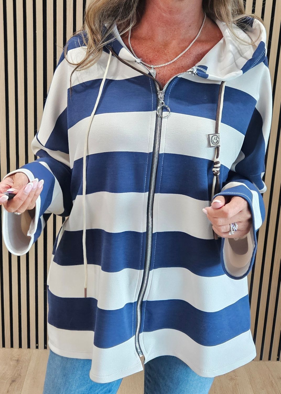 Wide Stripe Hooded Zip-Up Jacket – Navy/Cream