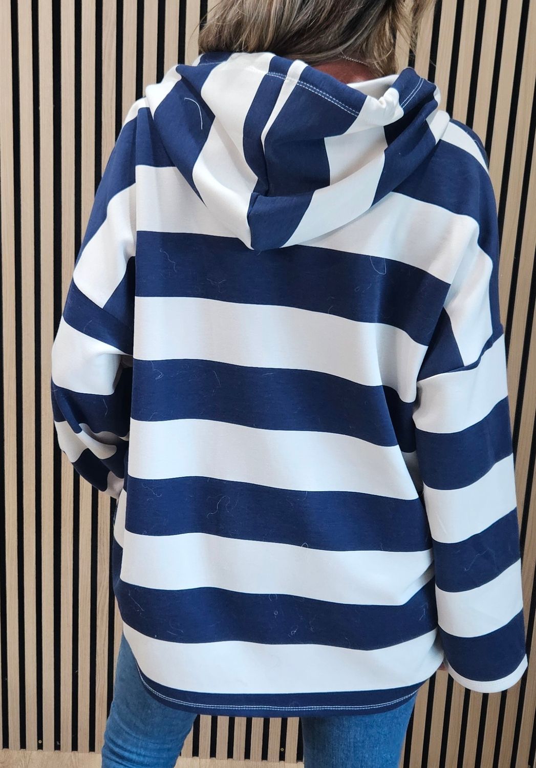 Wide Stripe Hooded Zip-Up Jacket – Navy/Cream
