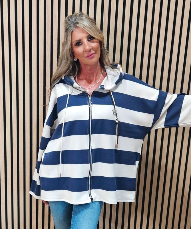 Wide Stripe Hooded Zip-Up Jacket – Navy/Cream