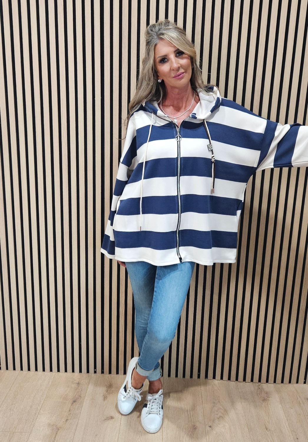 Wide Stripe Hooded Zip-Up Jacket – Navy/Cream