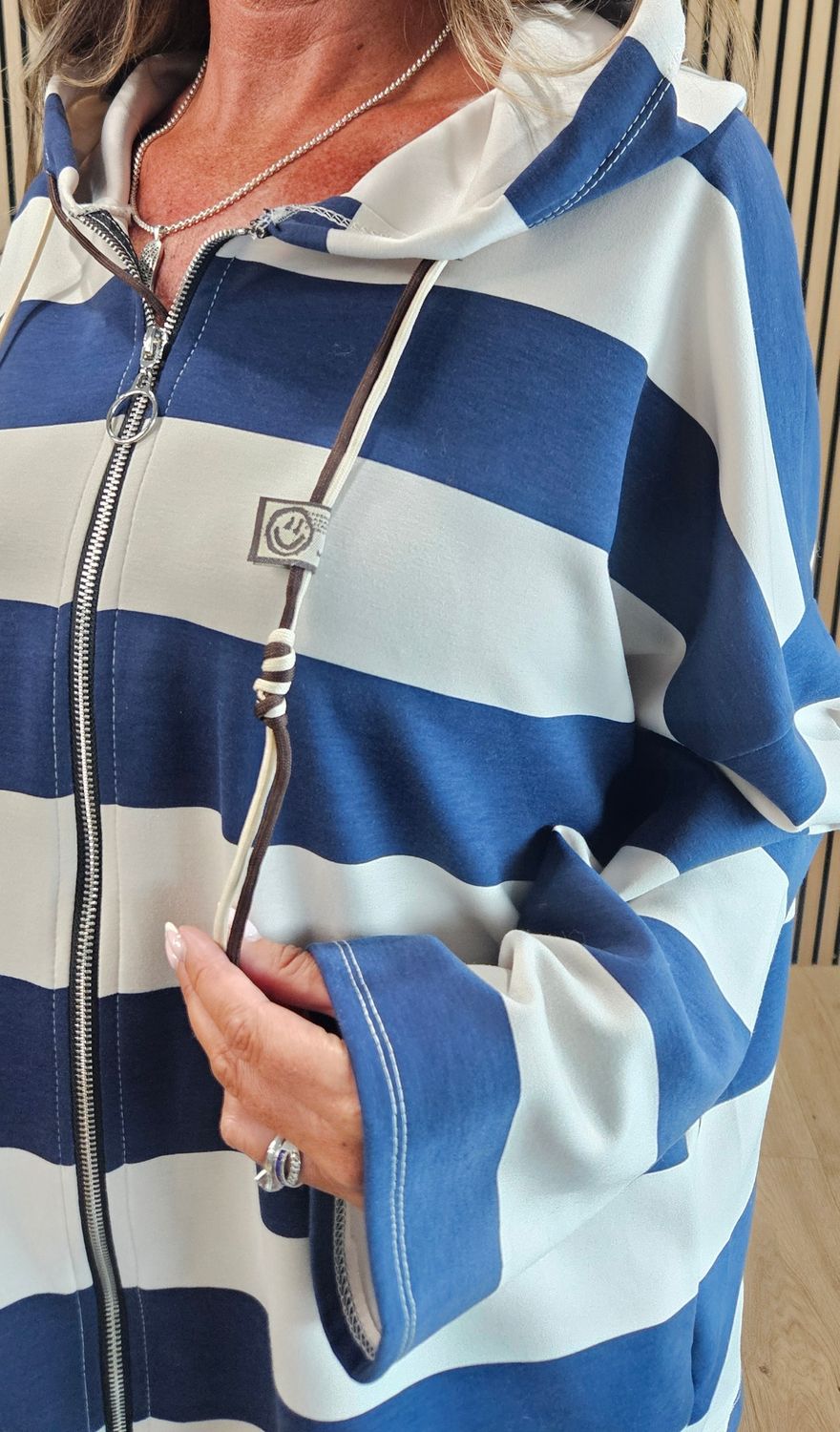 Wide Stripe Hooded Zip-Up Jacket – Navy/Cream