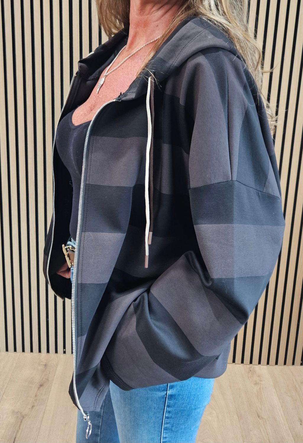 Wide Stripe Hooded Zip-Up Jacket – Mauve/Black
