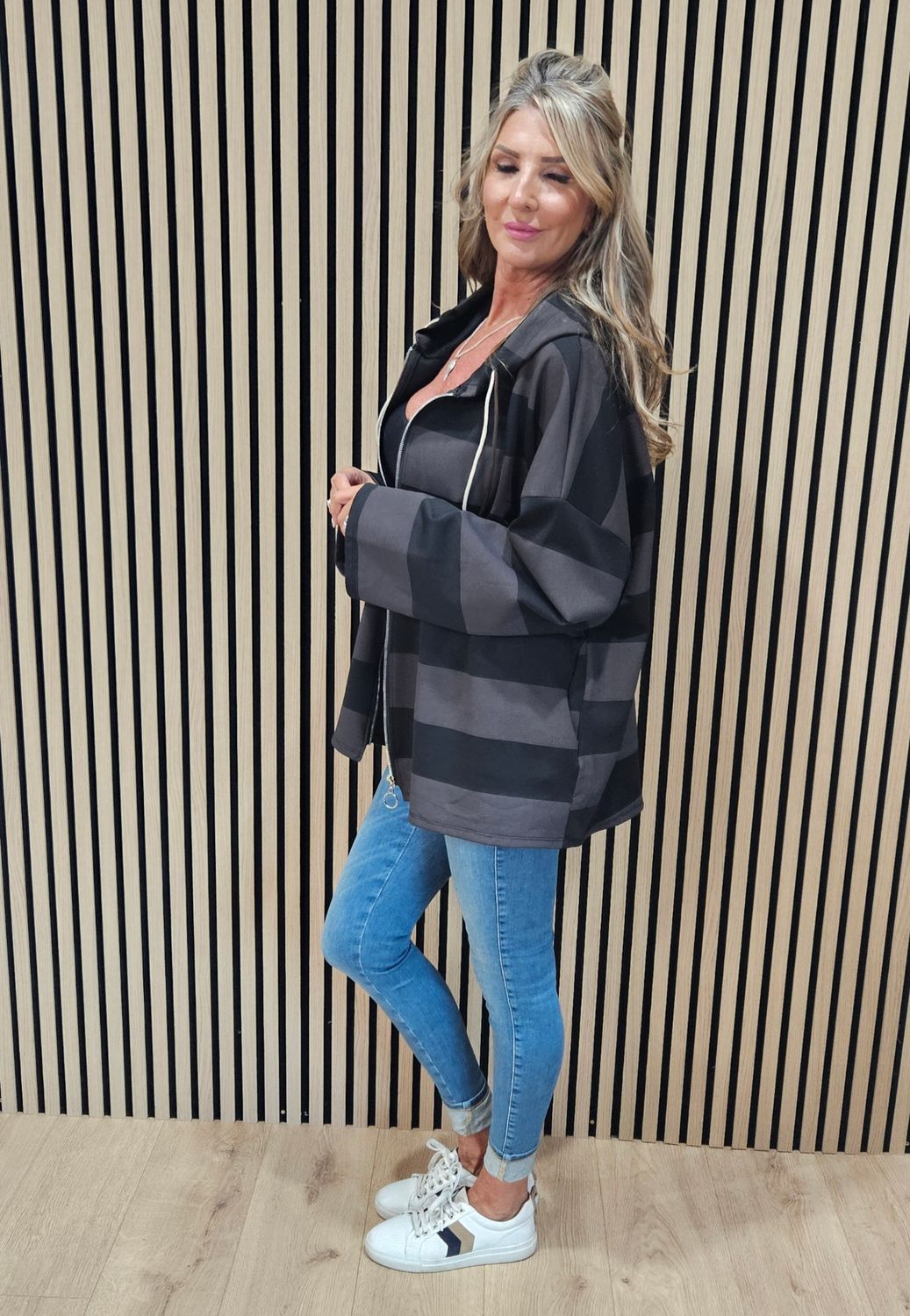 Wide Stripe Hooded Zip-Up Jacket – Mauve/Black
