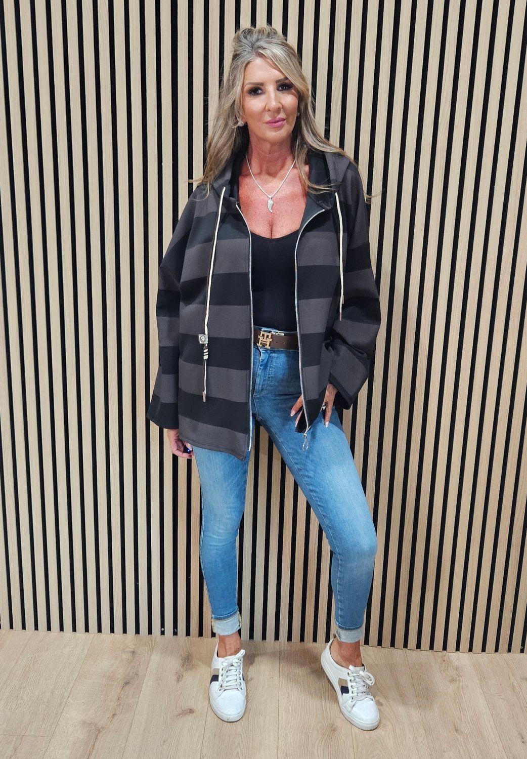 Wide Stripe Hooded Zip-Up Jacket – Mauve/Black