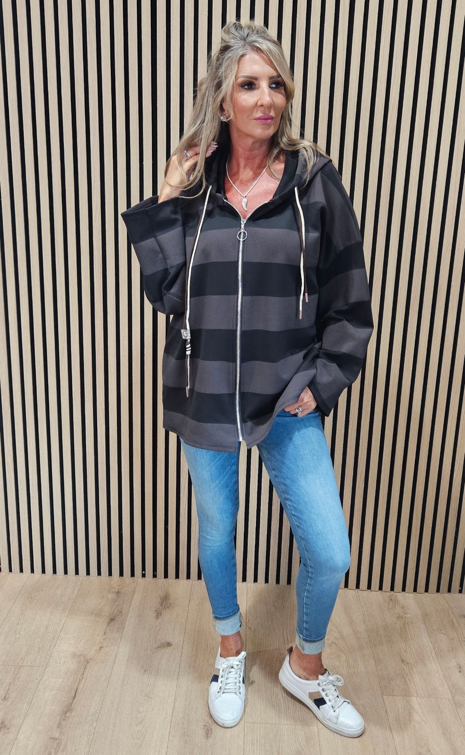 Wide Stripe Hooded Zip-Up Jacket – Mauve/Black