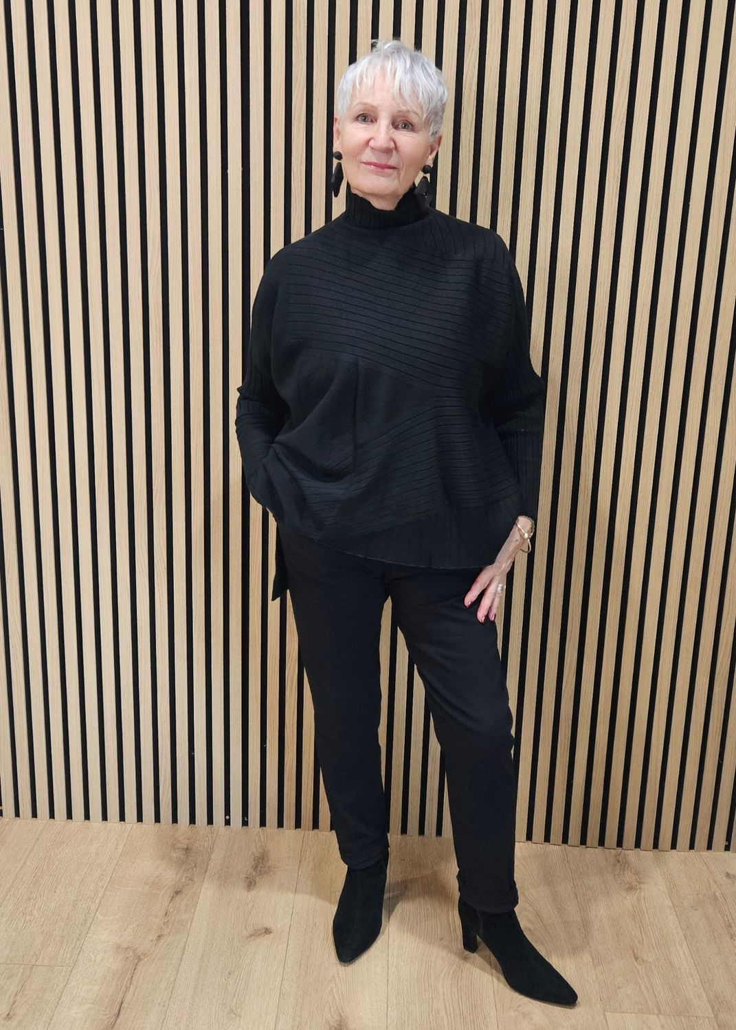 Textured Panel High-Neck Jumper  - Black