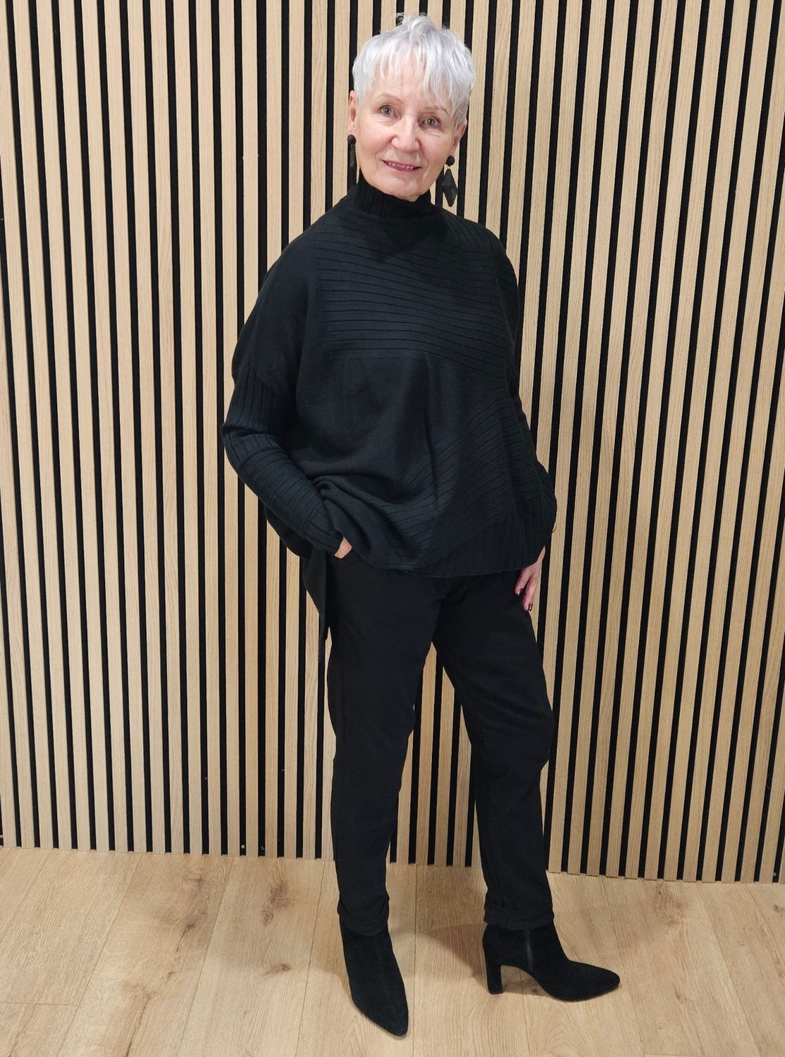 Textured Panel High-Neck Jumper  - Black