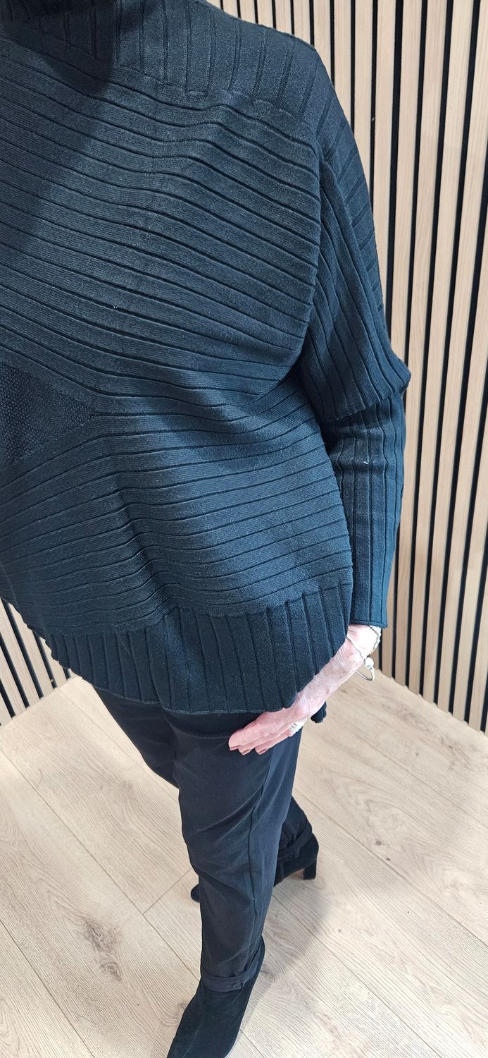 Textured Panel High-Neck Jumper  - Black