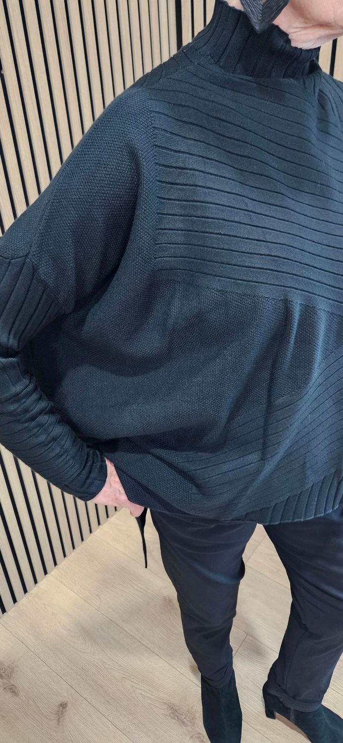 Textured Panel High-Neck Jumper  - Black