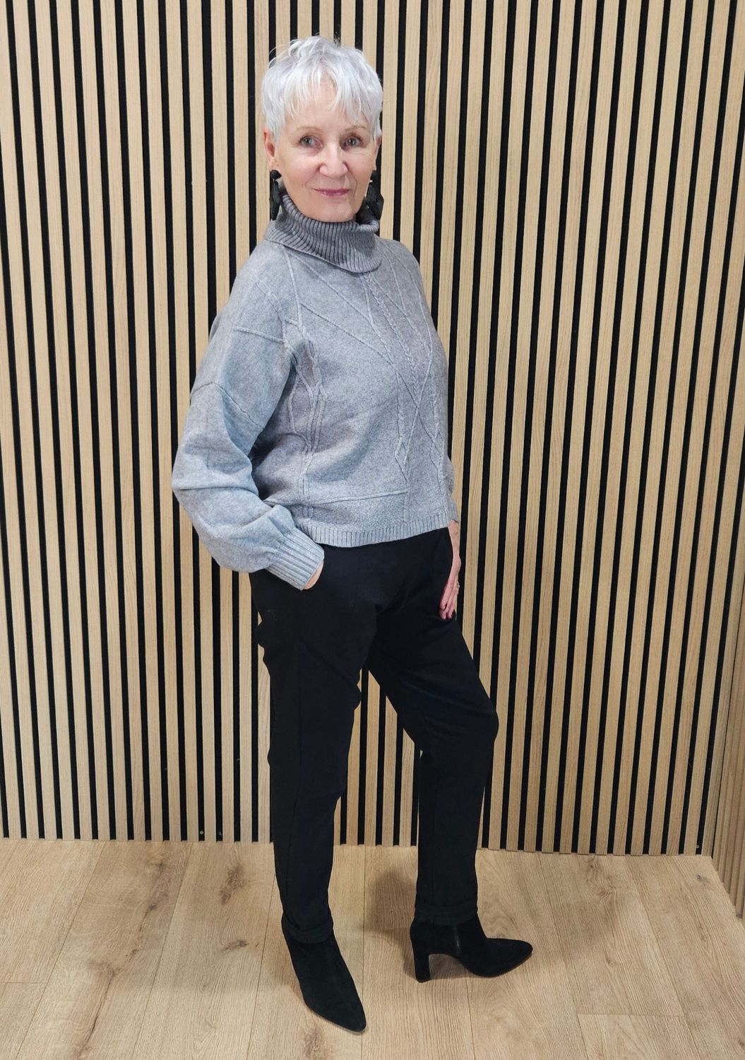 Textured Cable Detail Roll-Neck Jumper - Grey