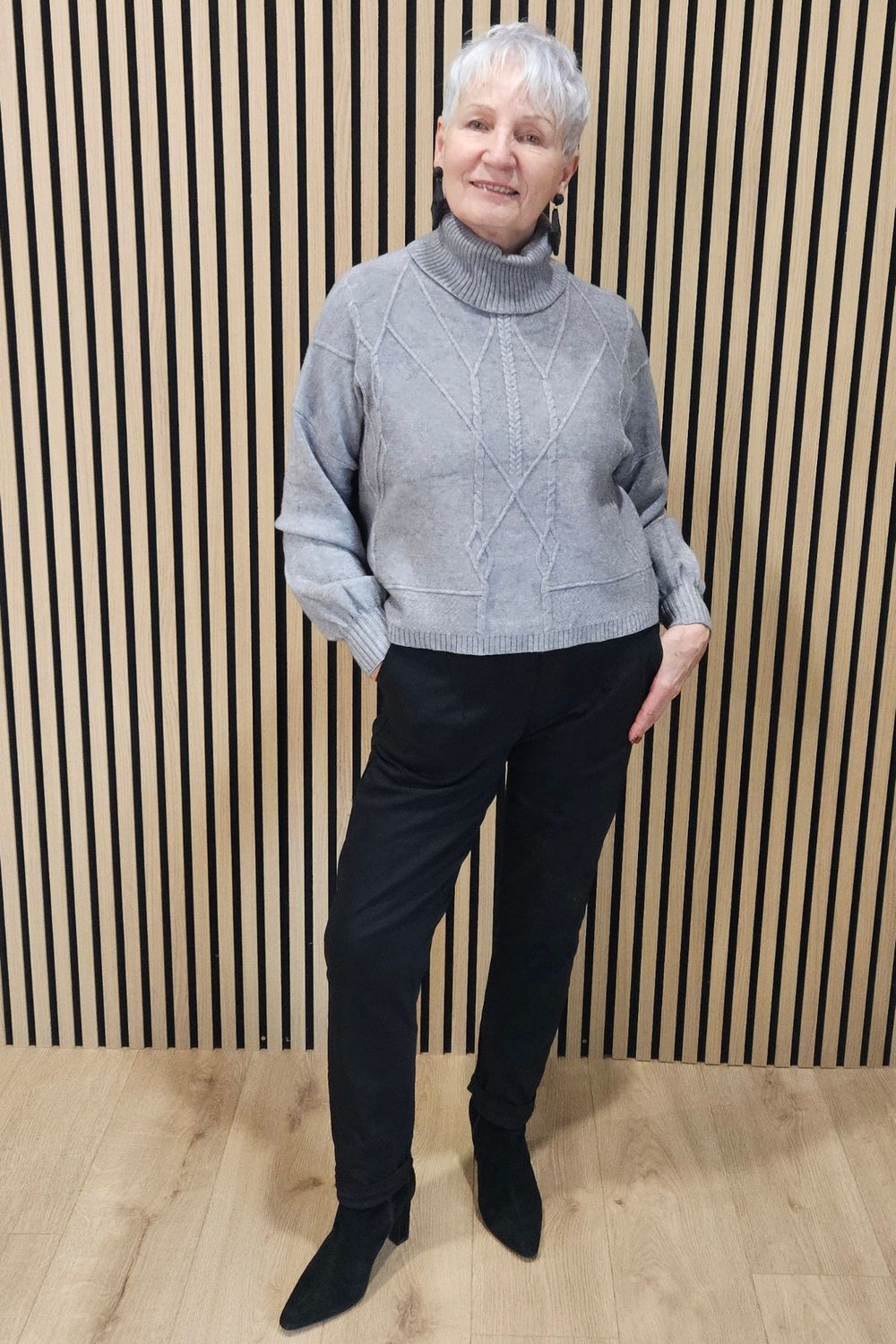 Textured Cable Detail Roll-Neck Jumper - Grey