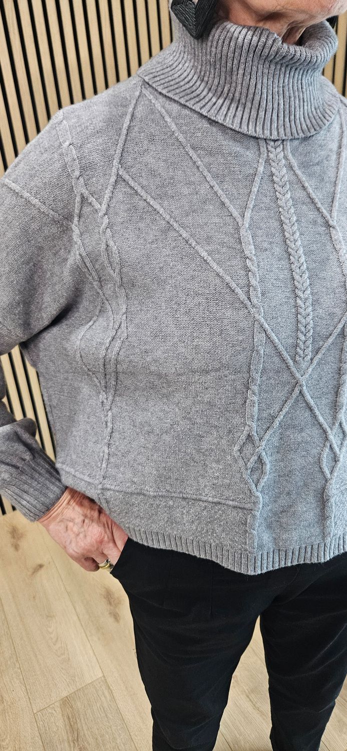 Textured Cable Detail Roll-Neck Jumper - Grey