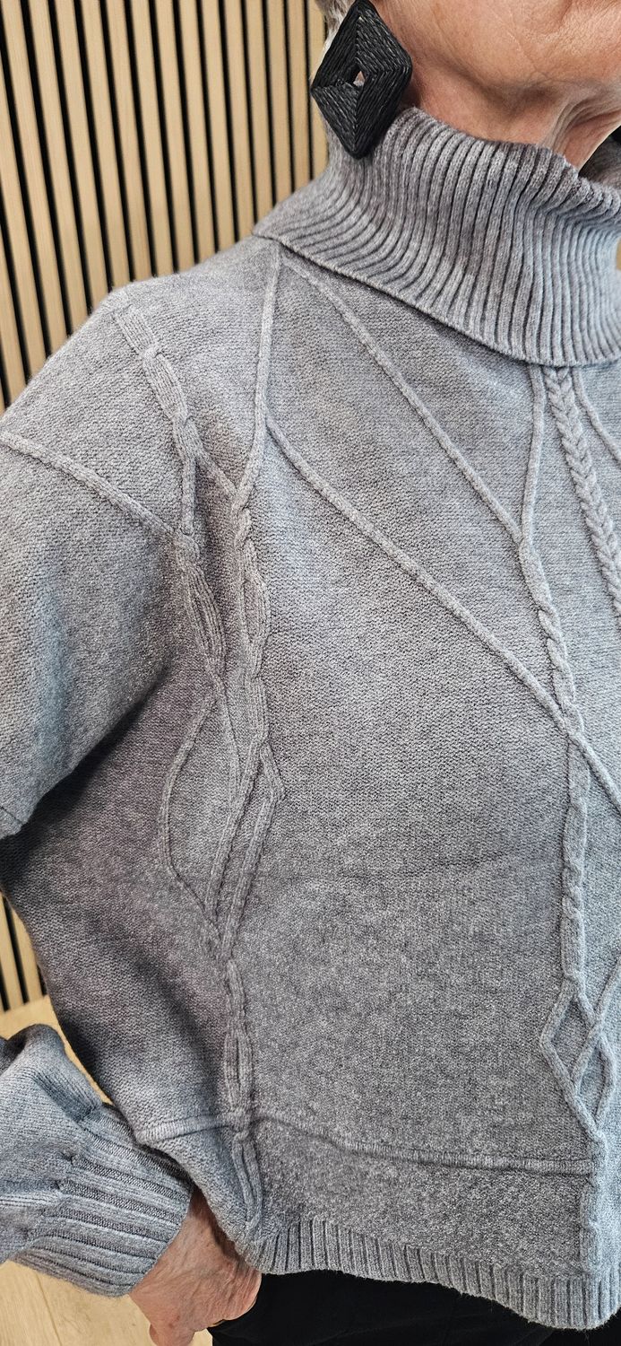 Textured Cable Detail Roll-Neck Jumper - Grey