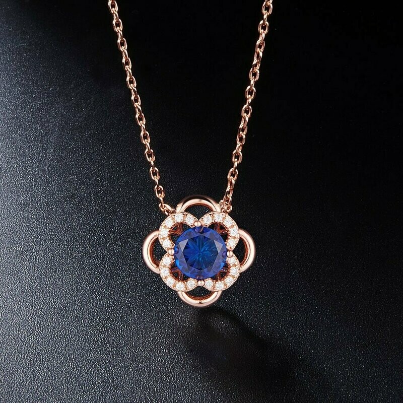 925 Sterling Silver Mazarine  Flower  Rose Gold Necklace