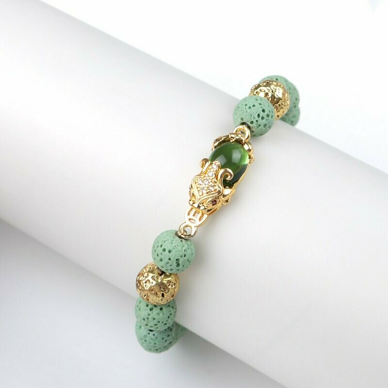 18 k Gold Filled  Natural Lava Rock  light green beaded bracelet