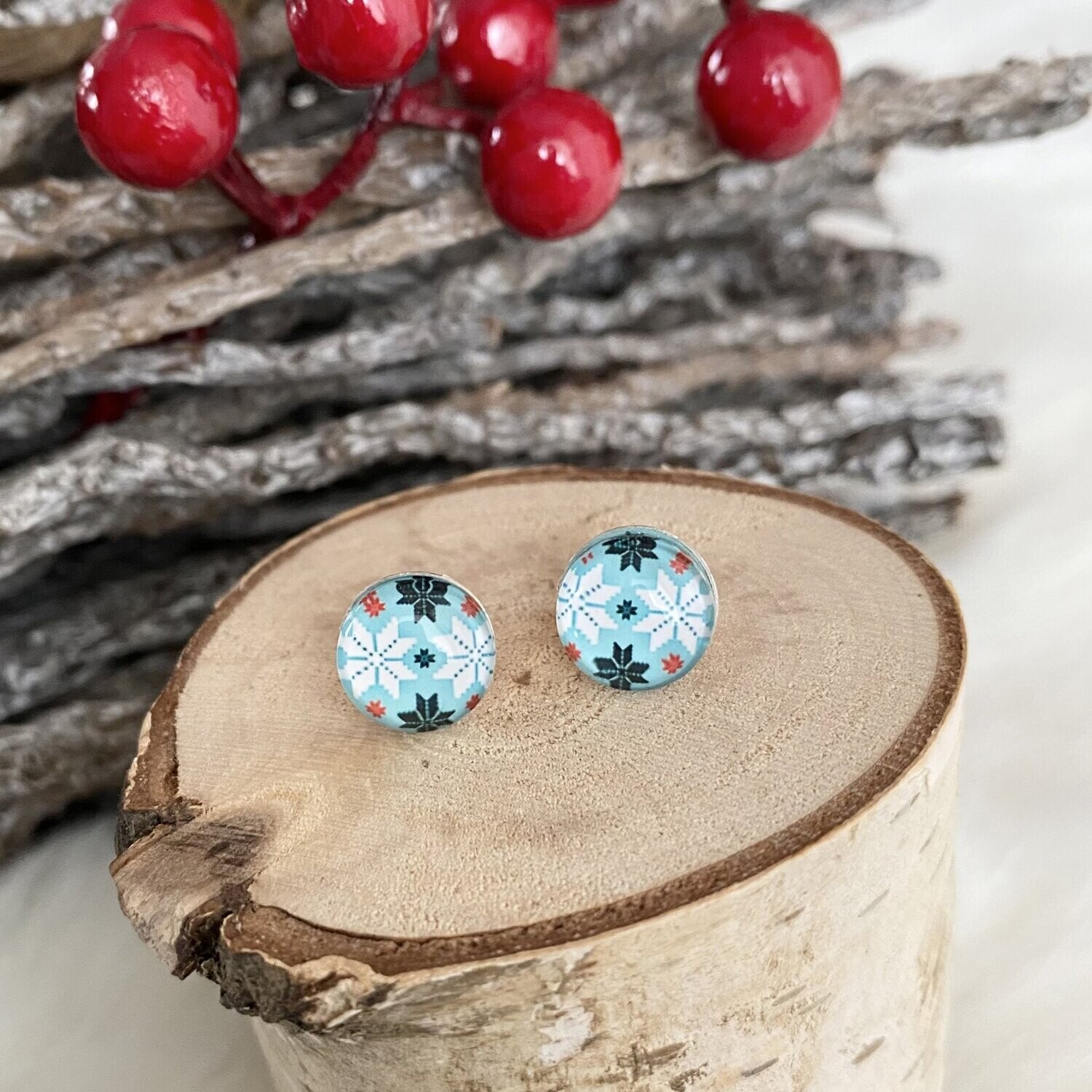 Schneeflocken Ohrringe, blaue Cabochon Ohrringe, 925 Silber