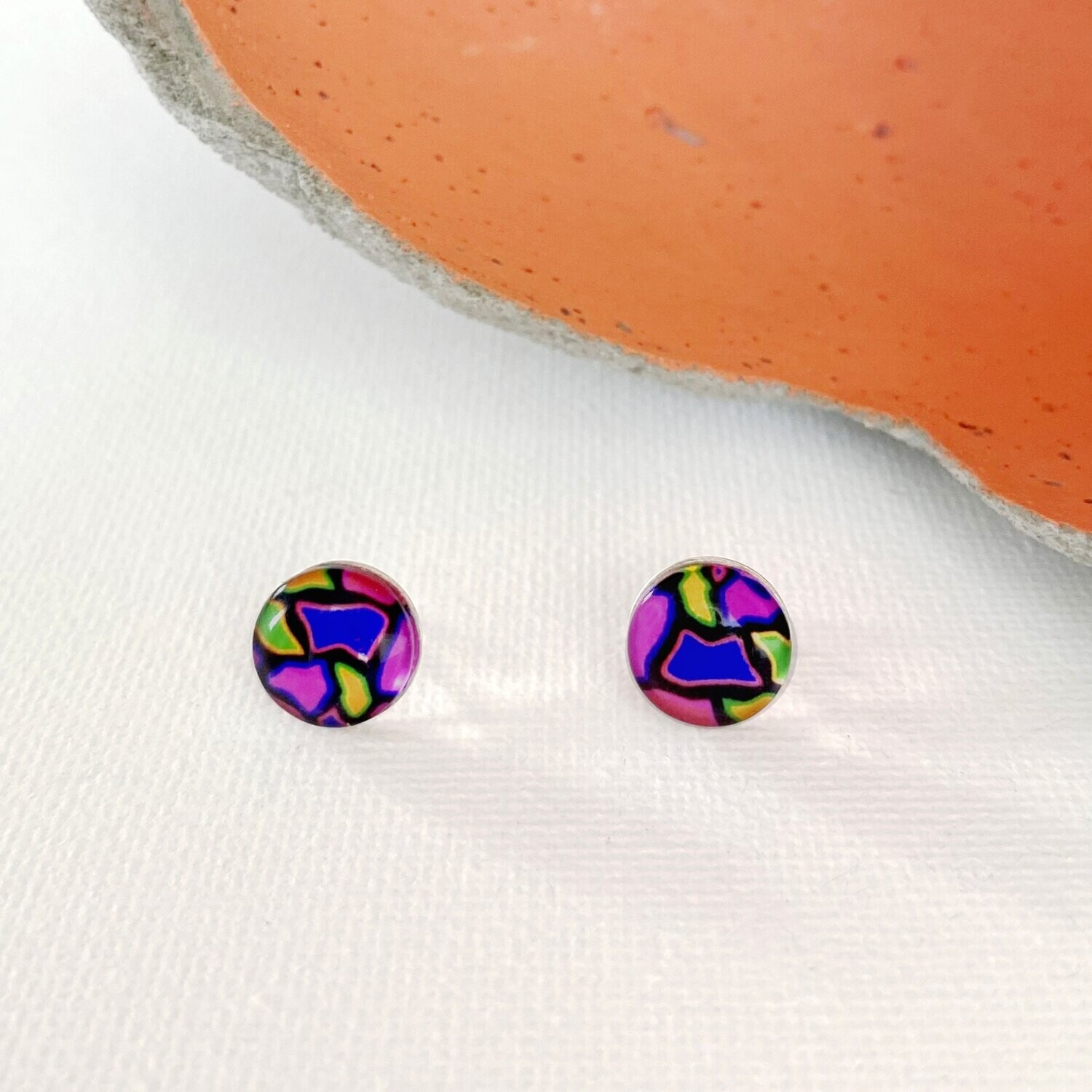 Kunterbunte Cabochon Ohrringe, bunte Ohrstecker, 925 Silber