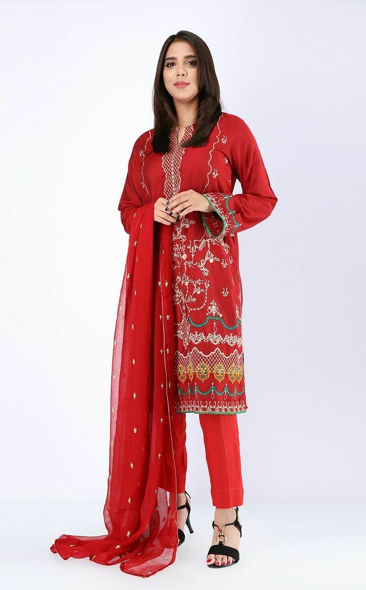 Shirt Shalwar Dupatta - Persian Red - Karandi