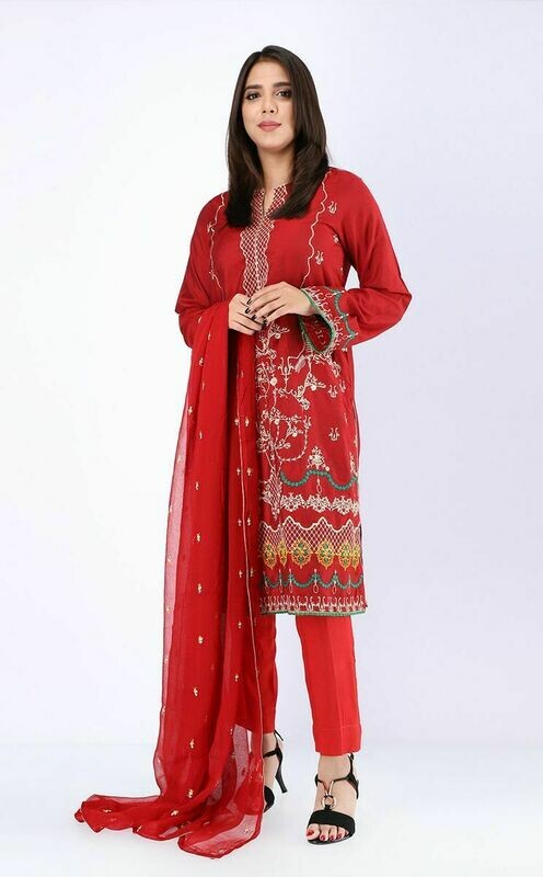 Shirt Shalwar Dupatta - Persian Red - Karandi