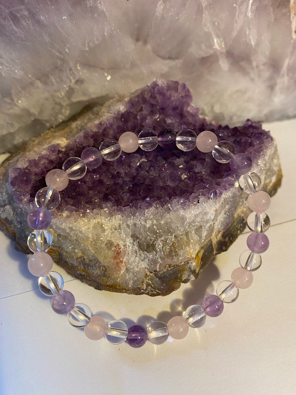 Amethyst-Rosenquarz-Bergkristall Kugel-Armband (A-Qualität)