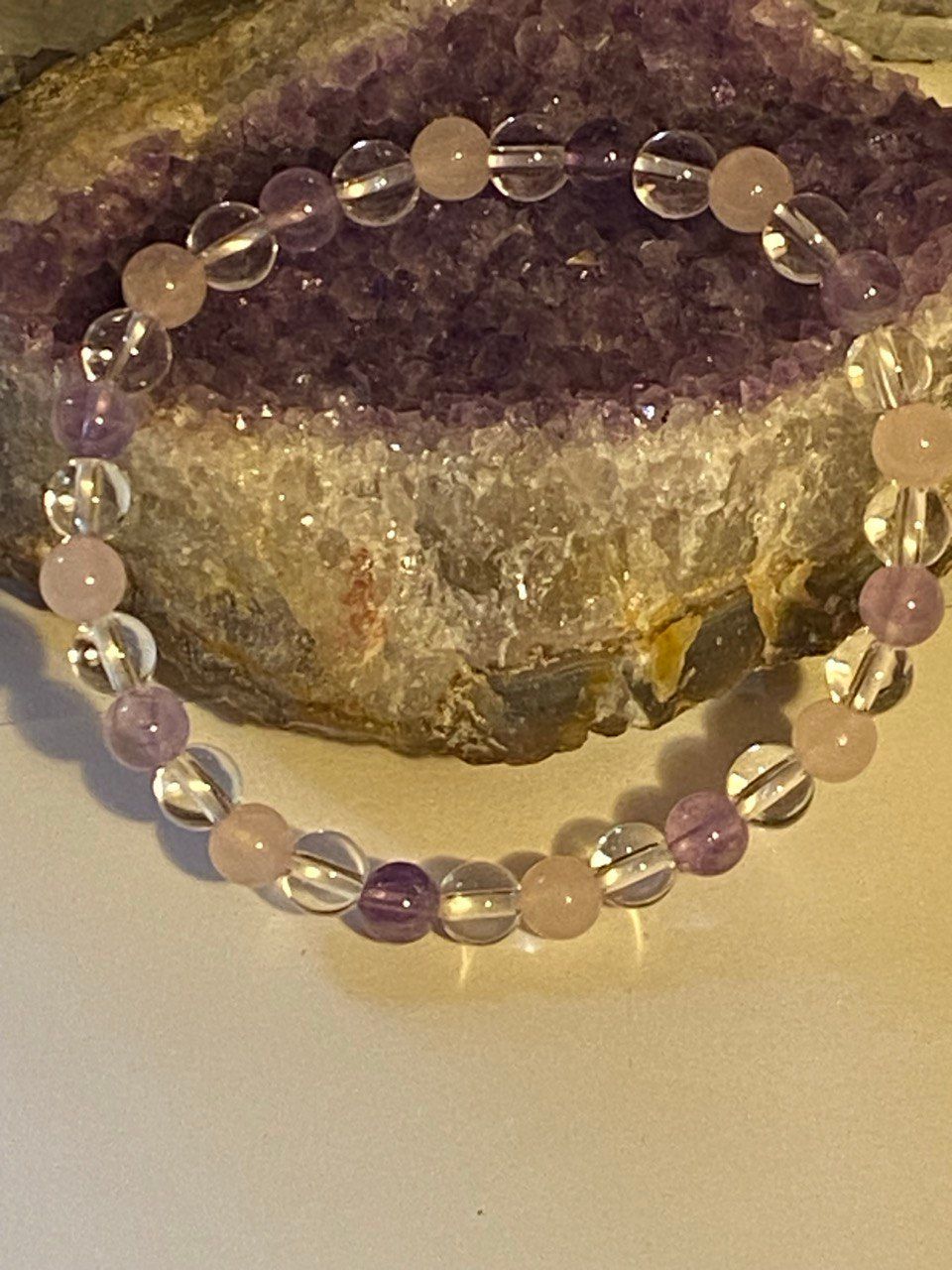 Amethyst-Rosenquarz-Bergkristall Kugel-Armband (A-Qualität)