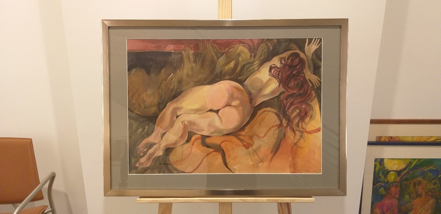 Weiblicher Akt im Dünengras (O.T.), Gemälde, Aquarell von Heinz-Detlef Moosdorf