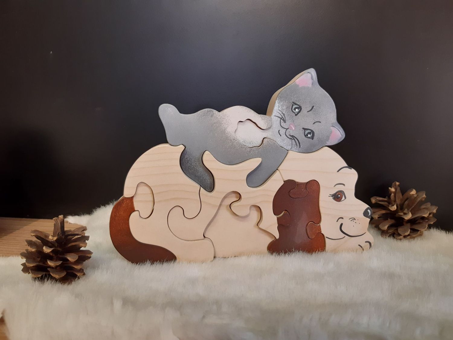 Puzzle bois chien et chat- Puzzle artisanal animaux