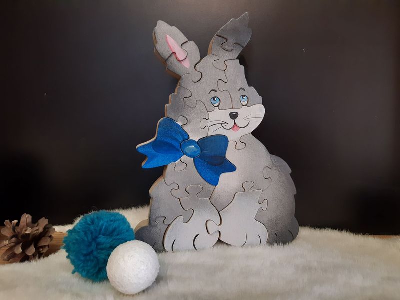 Puzzle grand lapin- Puzzle en bois peint - Puzzle artisanal en bois