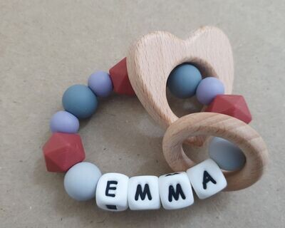 Personalised Silicone Teething Ring Baby Rattle Toy With Wooden Shaped Teether