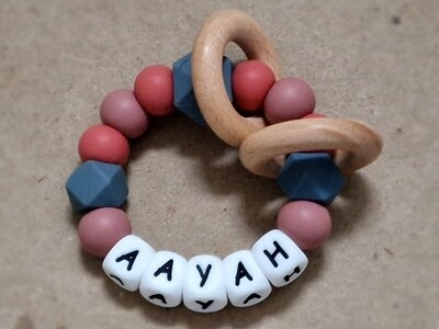 Personalised Silicone Teething Toy Baby Rattle With Wooden Rings