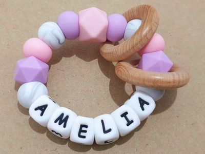 Personalised Silicone Teething Toy Baby Rattle With Wooden Rings