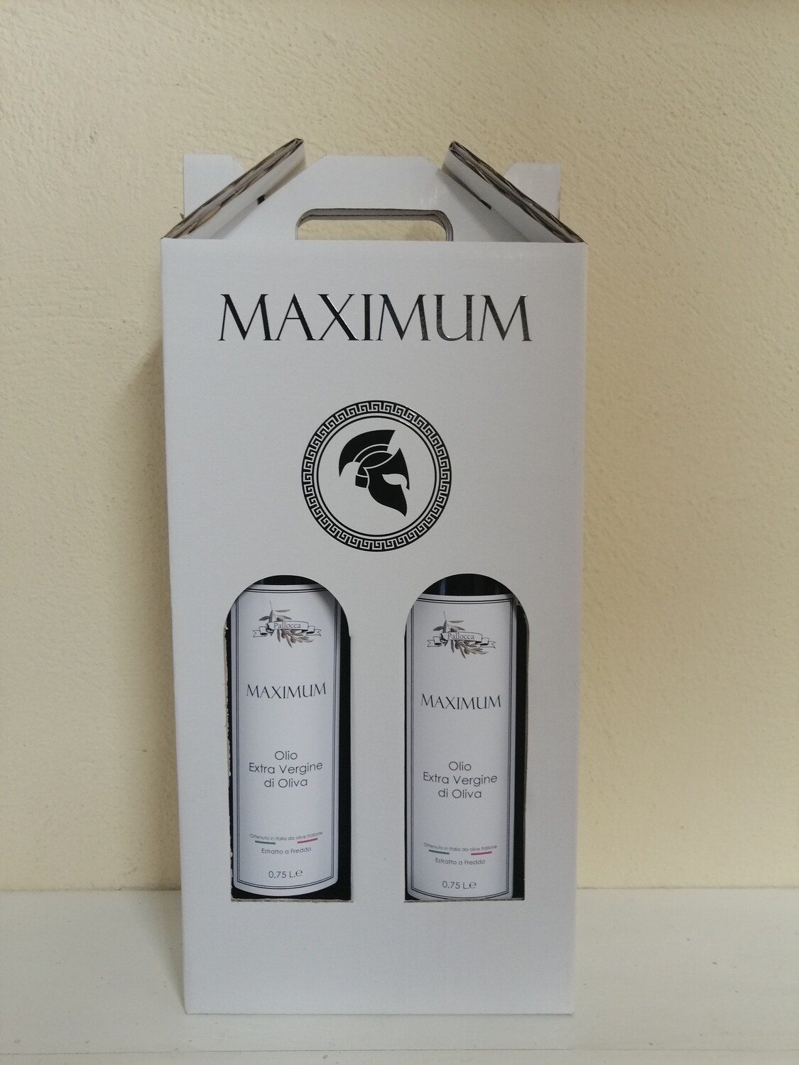 una confezione in scatola di 2 bottiglie da 750 ml di olio EVO MAXIMUM, PRODUZIONE 2024