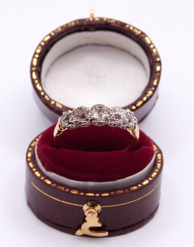 18ct Yellow Gold & Platinum Vintage Old Cut Diamond Half Hoop Ring (Pre-Owned)