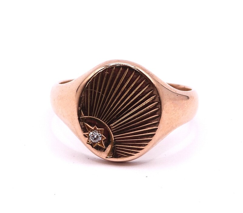 9ct Yellow Gold Diamond Set "Sunburst" Signet Ring (Pre Owned)