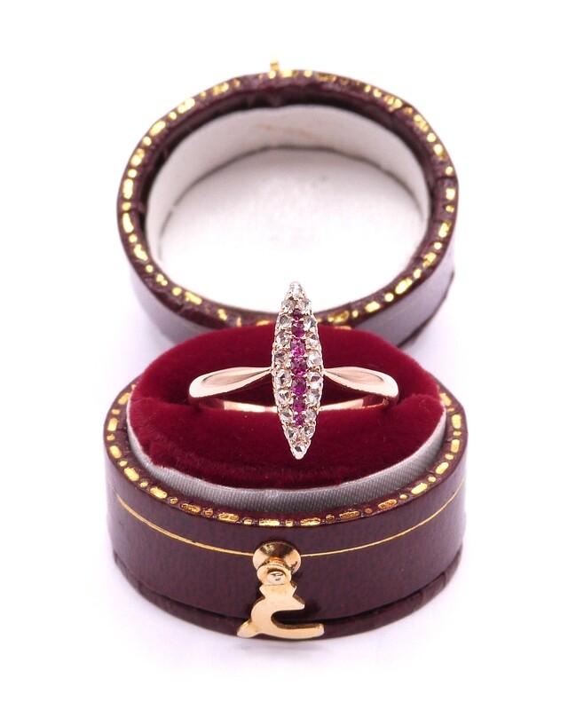 18ct Yellow Gold Diamond & Ruby Navette Ring (Pre Owned)