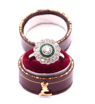 Art Deco Platinum Diamond & Emerald Cluster Ring (Pre Owned)
