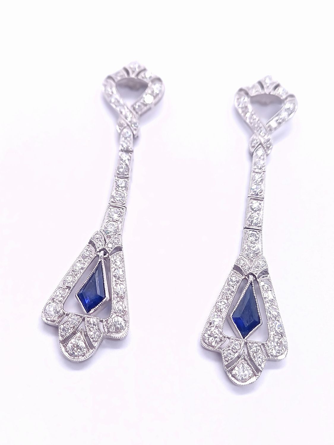 Platinum Art Deco Diamond and Sapphire Drop Earrings Platinum Art Deco Diamond and Sapphire Drop Earrings