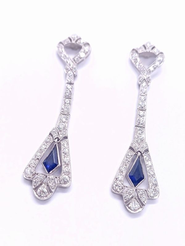 Platinum Art Deco Diamond and Sapphire Drop Earrings