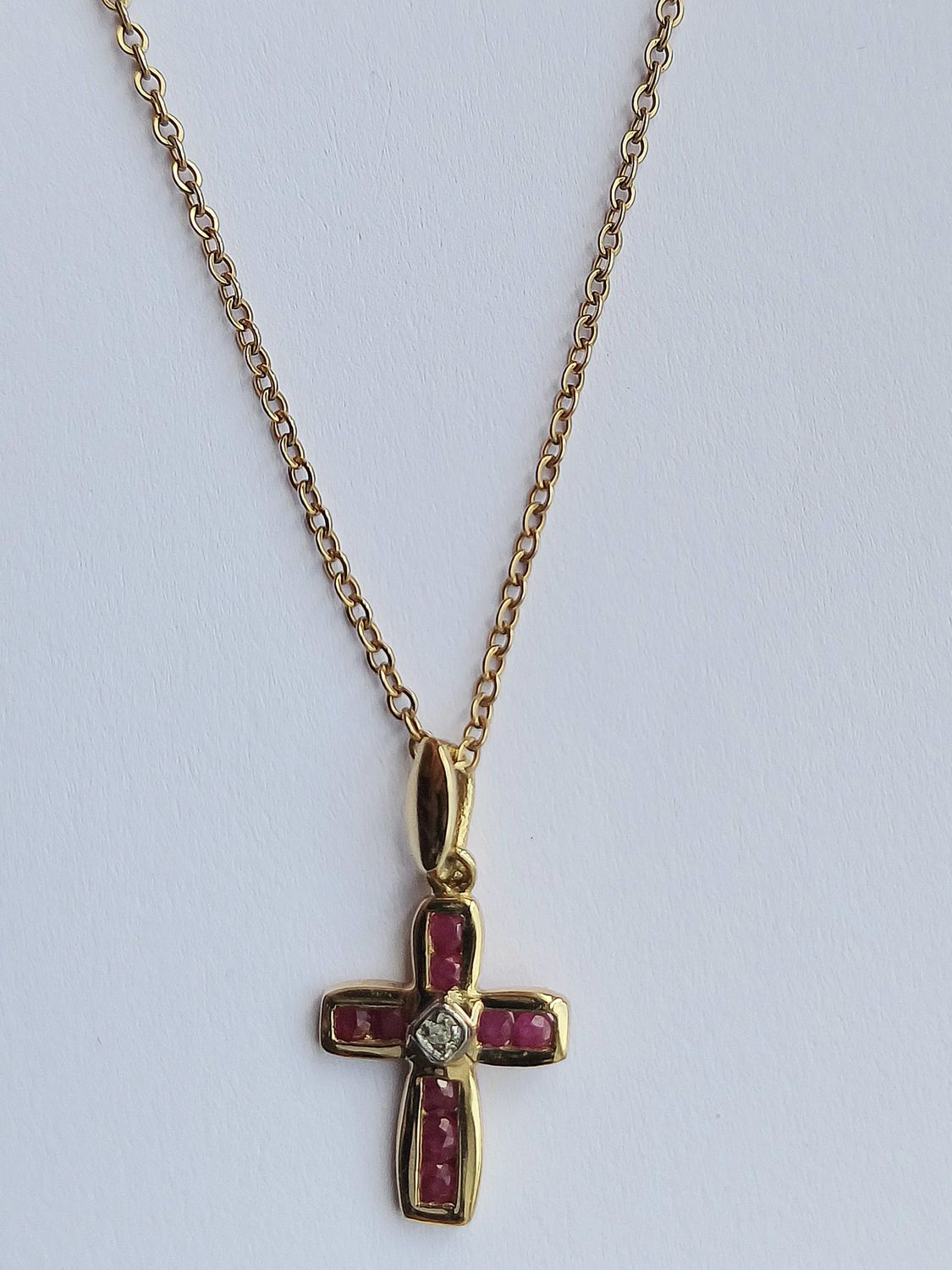 9CT Yellow Gold Ruby and Diamond Cross Pendant and Chain  (Pre Owned)