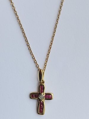 9CT Yellow Gold Ruby and Diamond Cross Pendant and Chain  (Pre Owned)