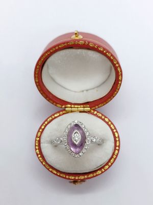 18CT White Gold Amethyst and Diamond Art Deco Style Cluster Ring  (Pre Owned)