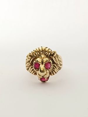 9ct Yellow Gold Ruby Set Lion Head Ring (Pre Owned)