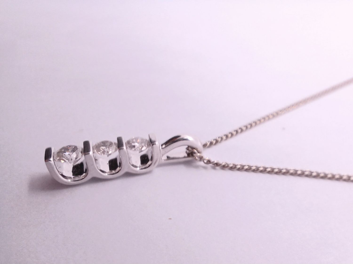 9ct White Gold Diamond 3 Stone Pendant and 18” Micro-curb Chain (Pre Owned)